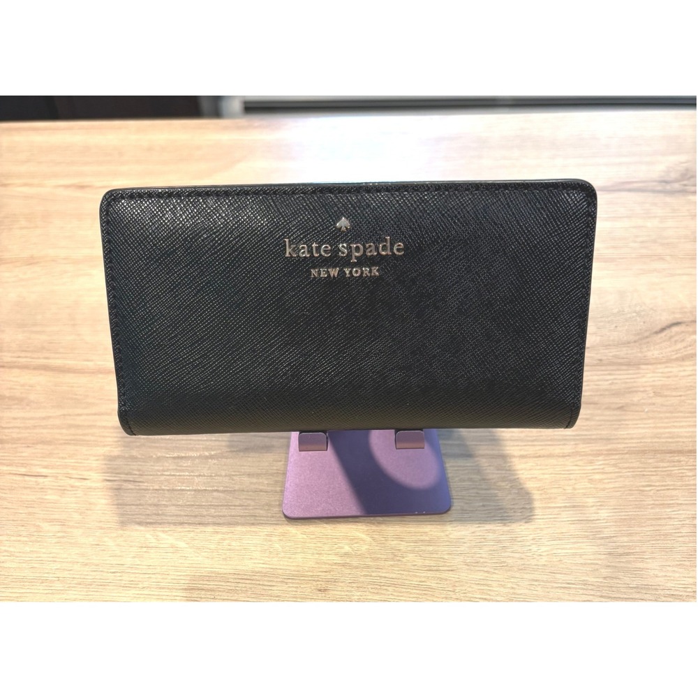 Kate Spade New York Black Saffiano Leather Bifold Slim Wallet Logo Snap Closure